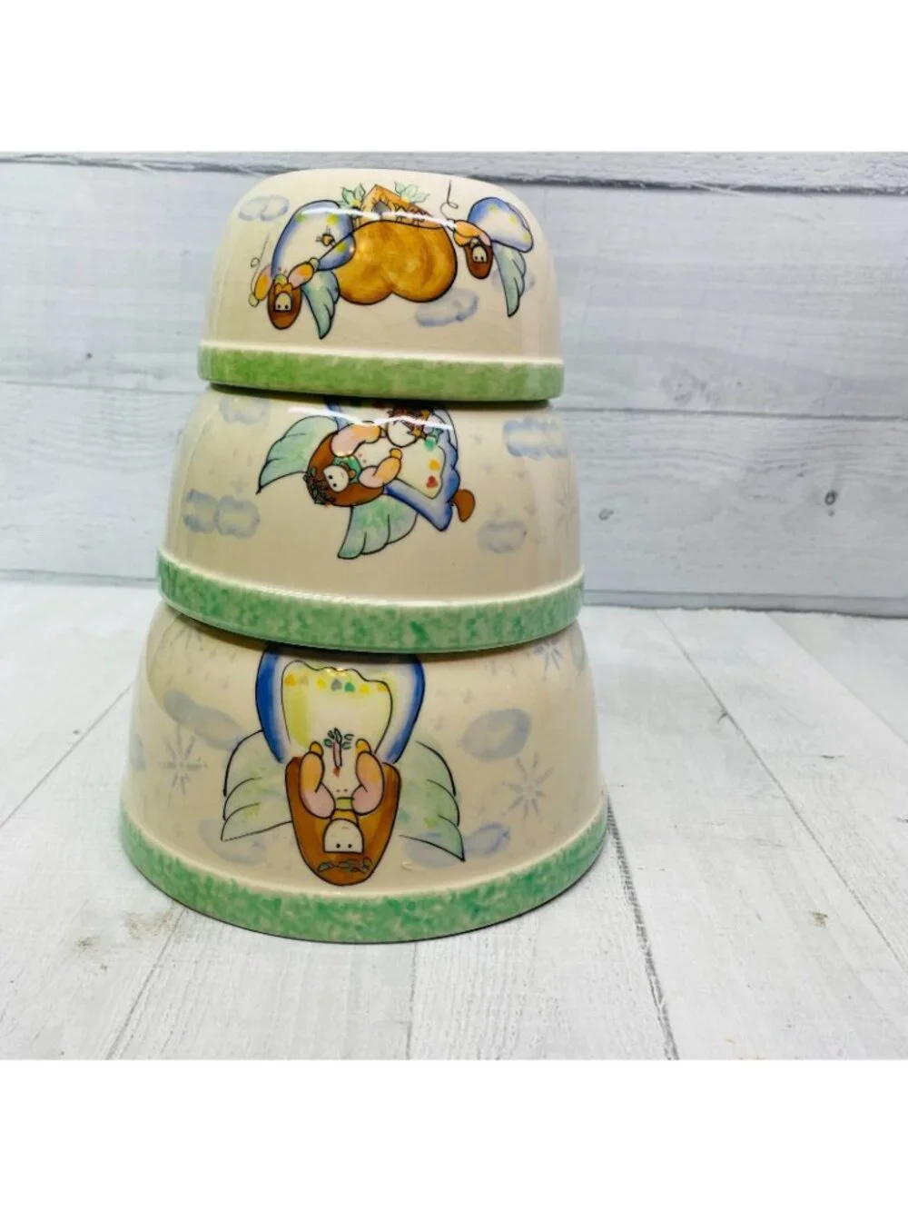 Vintage Vital Unit ANGELS GREEN SPONGE Clouds Stars Stoneware Nesting Bowl Set 3